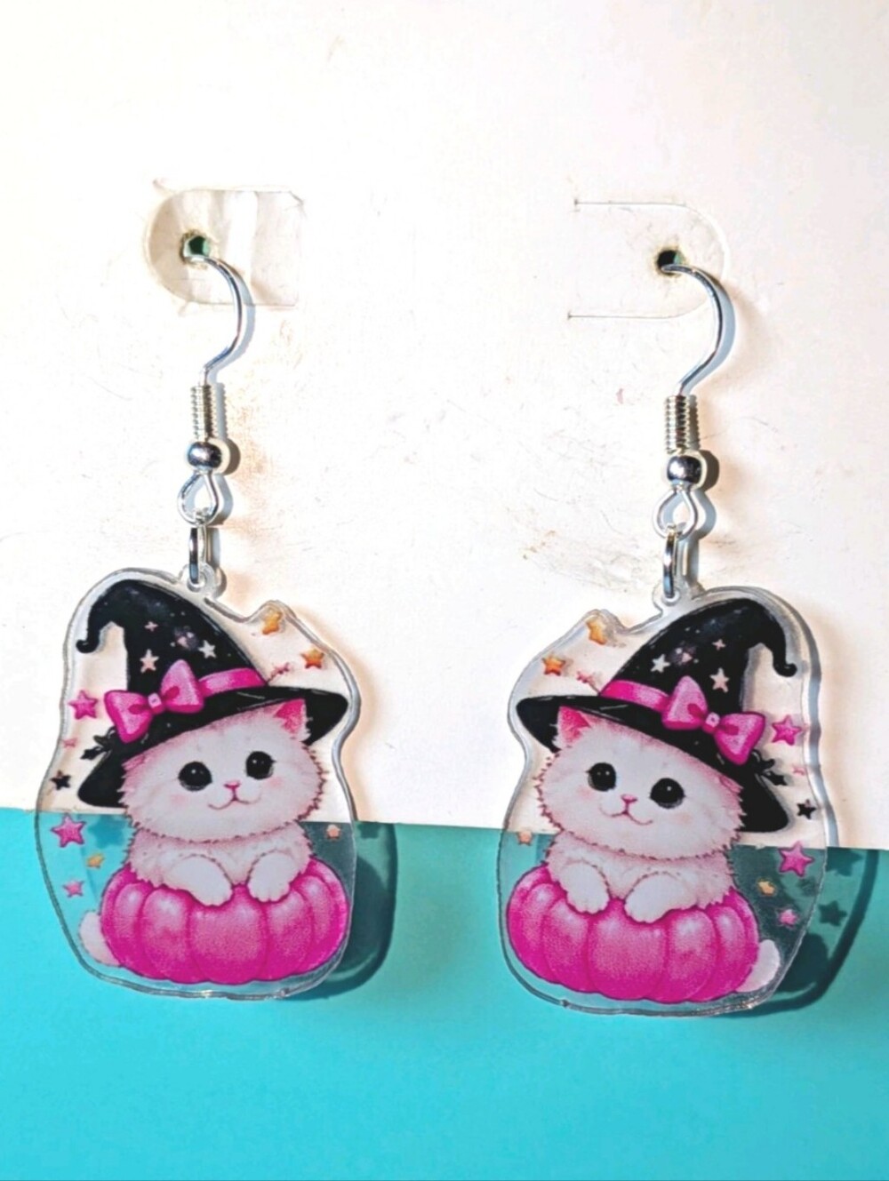 Hand Crafted Pink & Black Cat Witch Drop Earrings